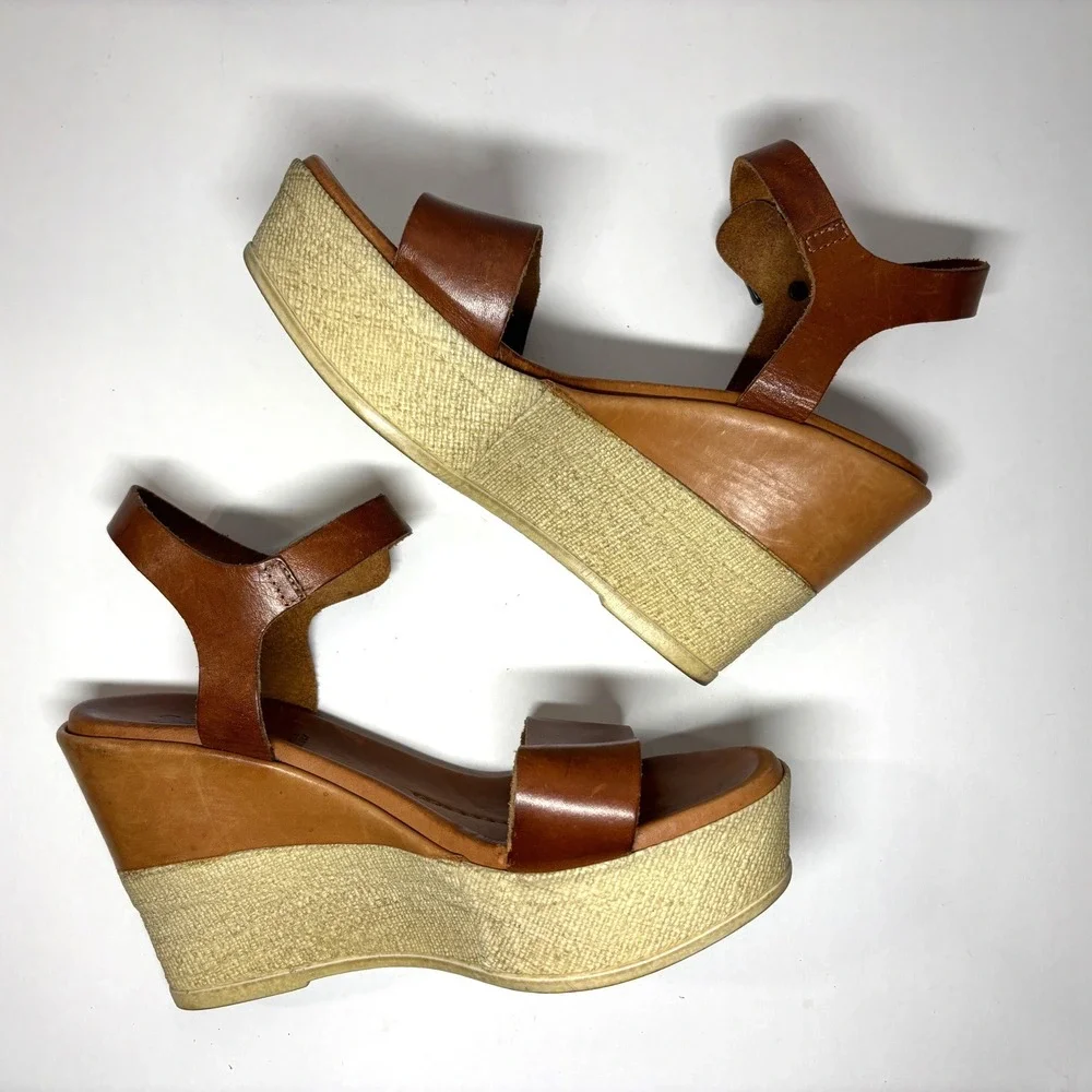 220V Platform Wedge‎ Sandals Womens 41 Brown Leather Made in Italy Boho Retro